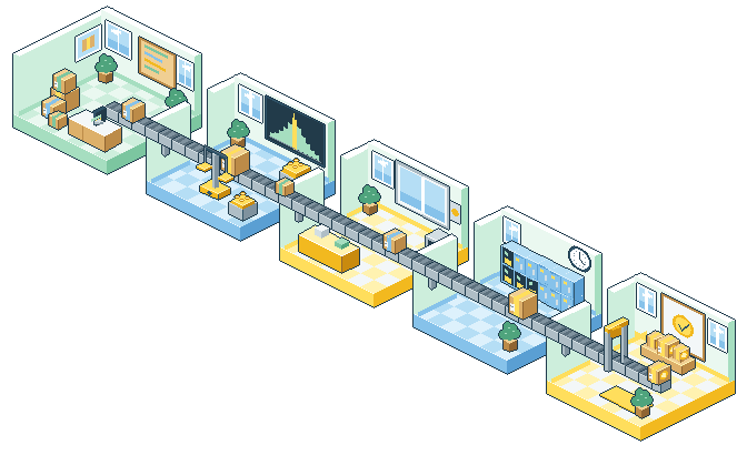 An isometric pixel office of five rooms joined by one conveyor belt carrying cardboard crates